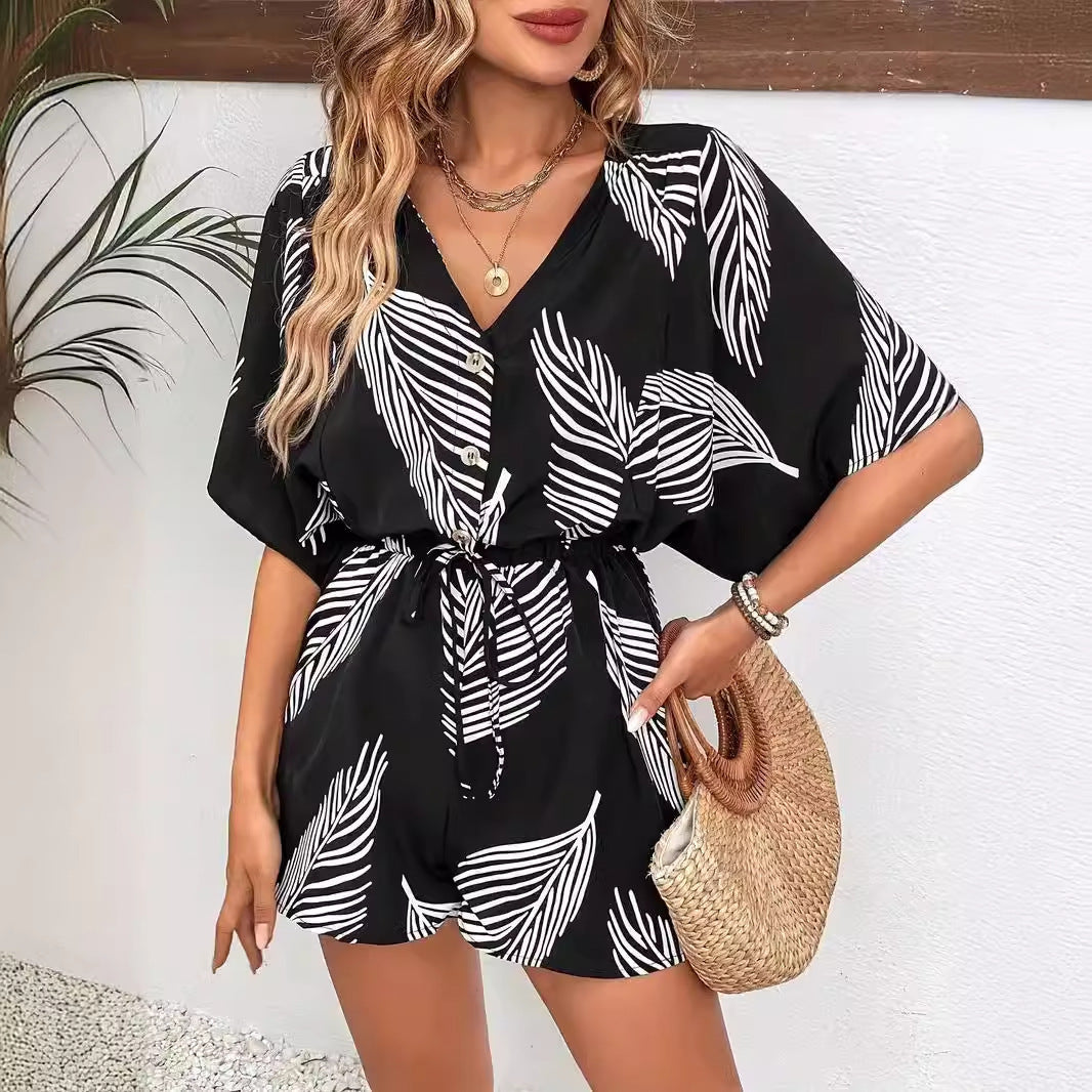 Leaf-Print V-Neck Tie-Waist Romper – Short Sleeve (XXS–3XL) - The Dock Drop