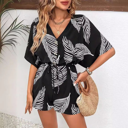 Leaf-Print V-Neck Tie-Waist Romper – Short Sleeve (XXS–3XL) - The Dock Drop