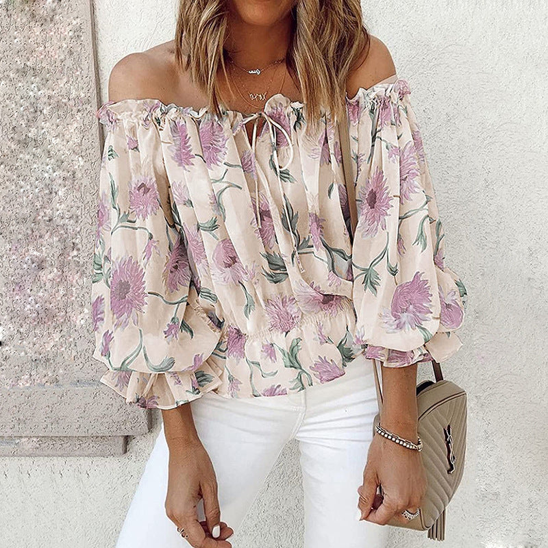 Women’s Floral Off-Shoulder Blouse — Ruffle Sleeve Chiffon Top - The Dock Drop