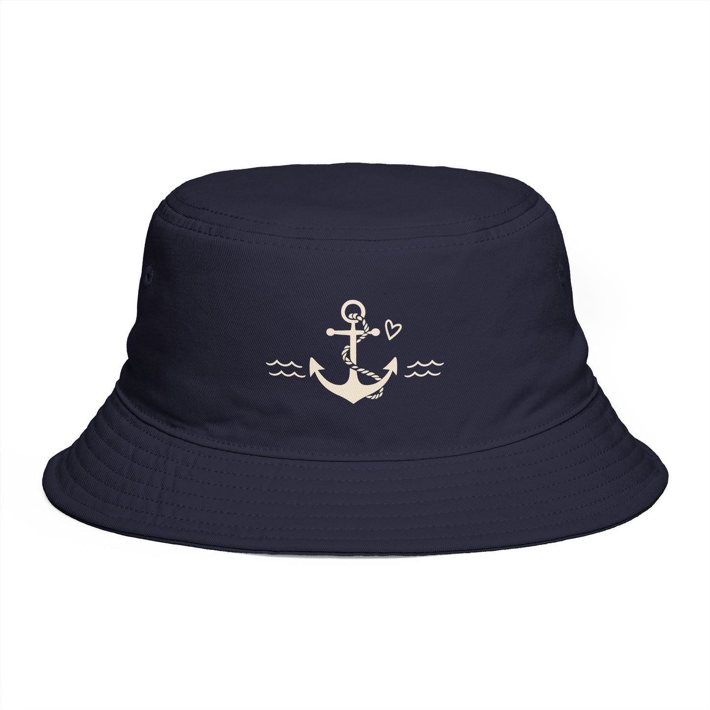 Nautical Anchor Bucket Hat — Embroidered Anchor with Waves & Heart