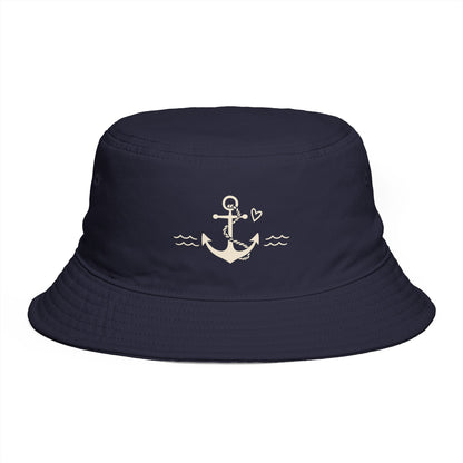 Nautical Anchor Bucket Hat — Embroidered Anchor with Waves & Heart