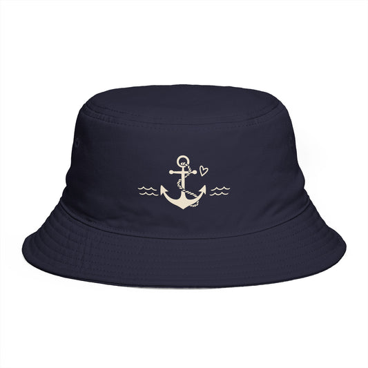 Nautical Anchor Bucket Hat — Embroidered Anchor with Waves & Heart