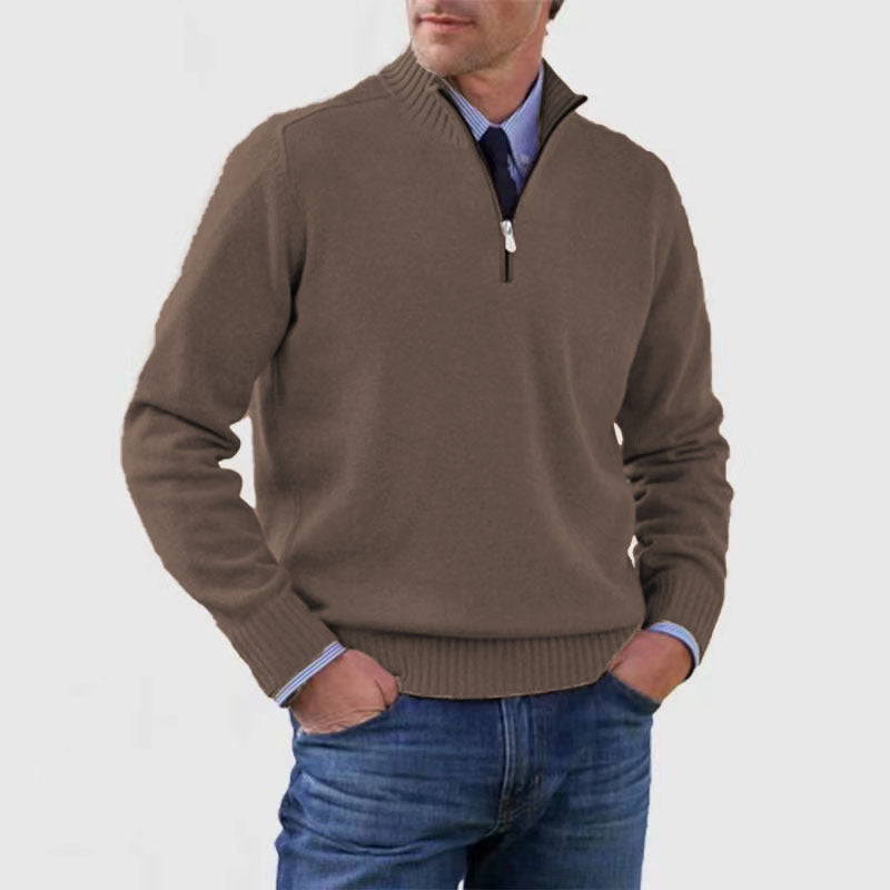 Men's Stand Collar Zipper Sweater Winter Fashion Solid Color Long Sleeve Knitted Top Clothing - The Dock Drop