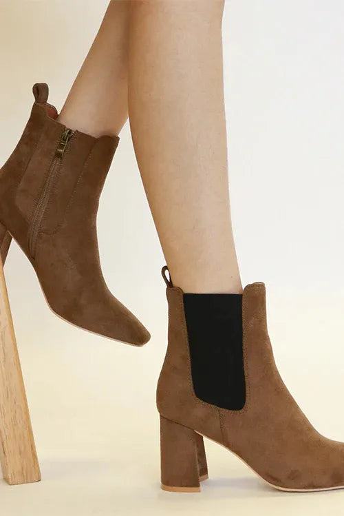 Beast Fashion Faux Suede Block Heel Chelsea Boots – Coffee Brown – 6