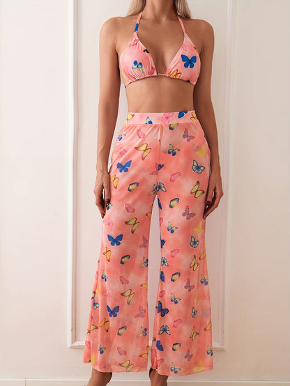 Teen Butterfly Print Swim Set – Triangle Top & Wide-Leg Coverup Pants - The Dock Drop