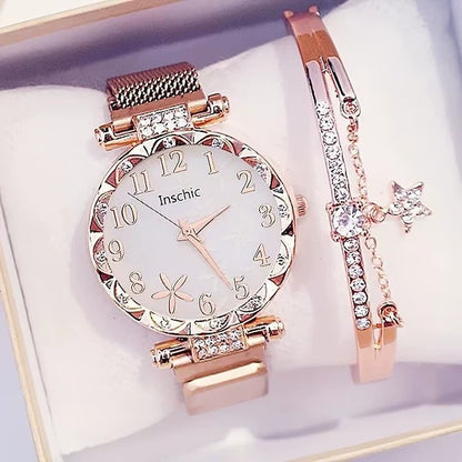 Women’s & Teens Rhinestone Watch & Bracelet Set – Quartz Movement - The Dock Drop