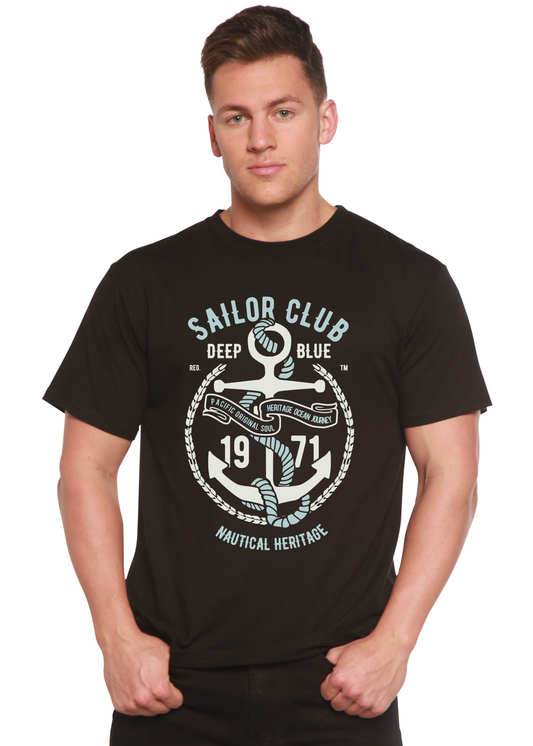 Man wearing a black t-shirt with 'Sailor Club' graphic design on a white background