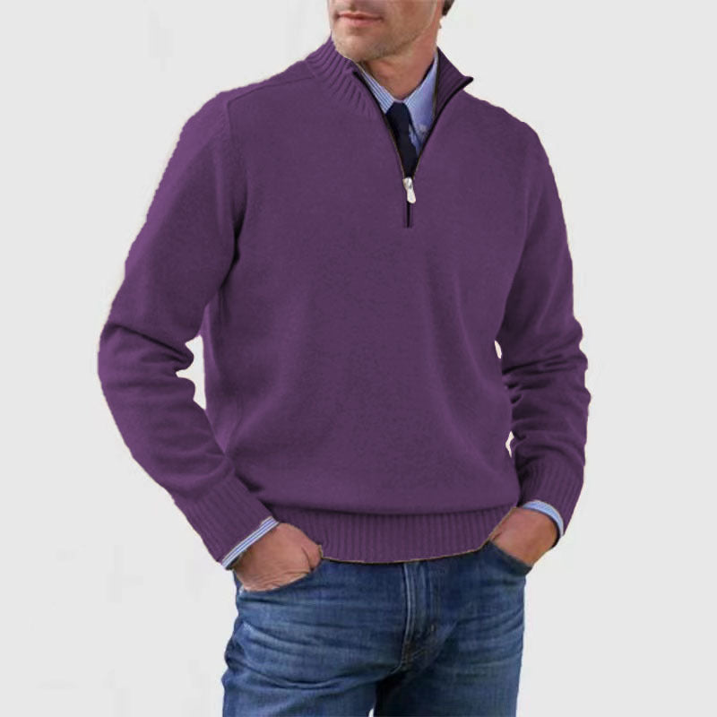 Men's Stand Collar Zipper Sweater Winter Fashion Solid Color Long Sleeve Knitted Top Clothing - The Dock Drop
