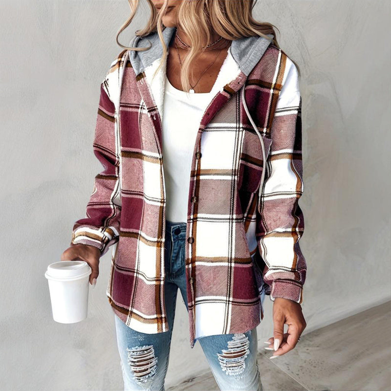 Coastal Plaid Drawstring Hoodie Shirt