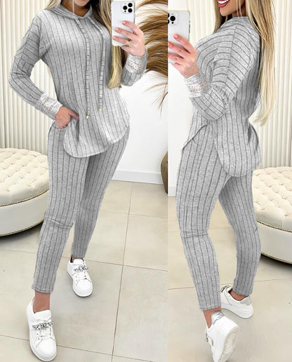 Women’s Ribbed Two-Piece Lounge Set – Hooded Top & Pocket Pants