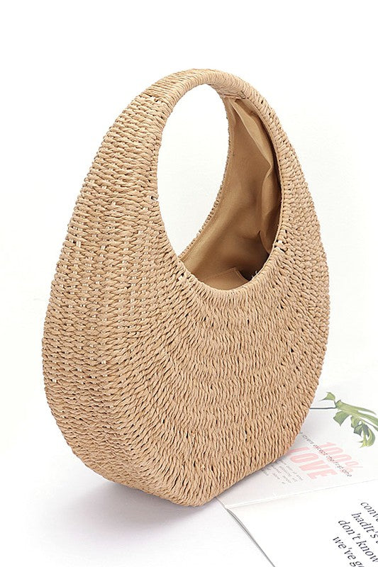 Faux Straw Wicker Moon Bag – Beige – O/S