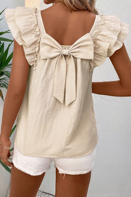 Textured Bow Knot Frilled Butterfly Sleeve Blouse – Apricot – S