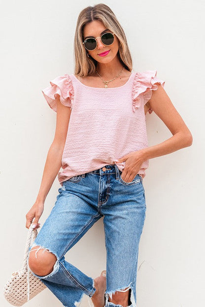 Textured Bow Knot Frilled Butterfly Sleeve Blouse
