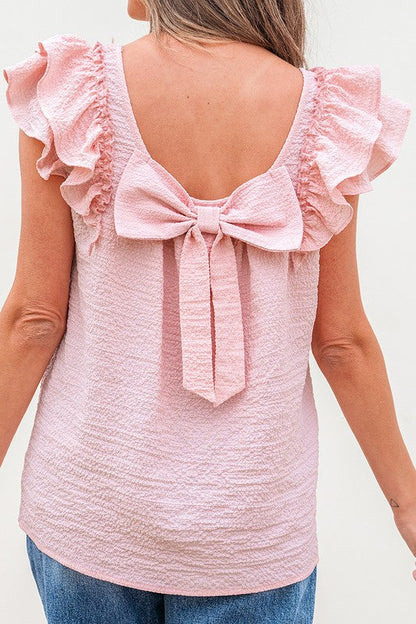 Textured Bow Knot Frilled Butterfly Sleeve Blouse