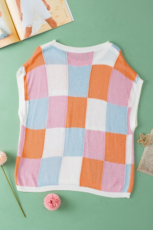Grapefruit Orange Color Block Cap Sleeve Sweater – Pink – XL