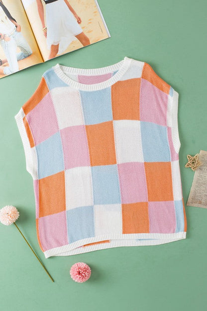 Grapefruit Orange Color Block Cap Sleeve Sweater – Pink – L