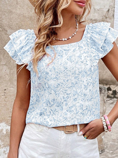 Ribbon Back Blue Floral Viscose Blouse