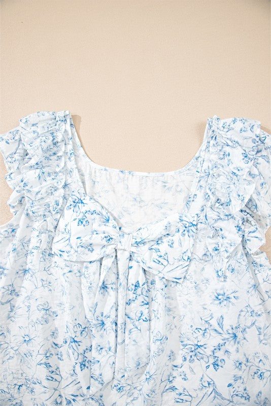 Ribbon Back Blue Floral Viscose Blouse