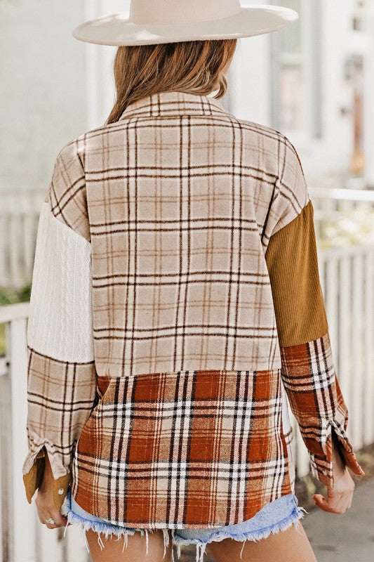 Plaid Color Block Patchwork Jacket with Pocket