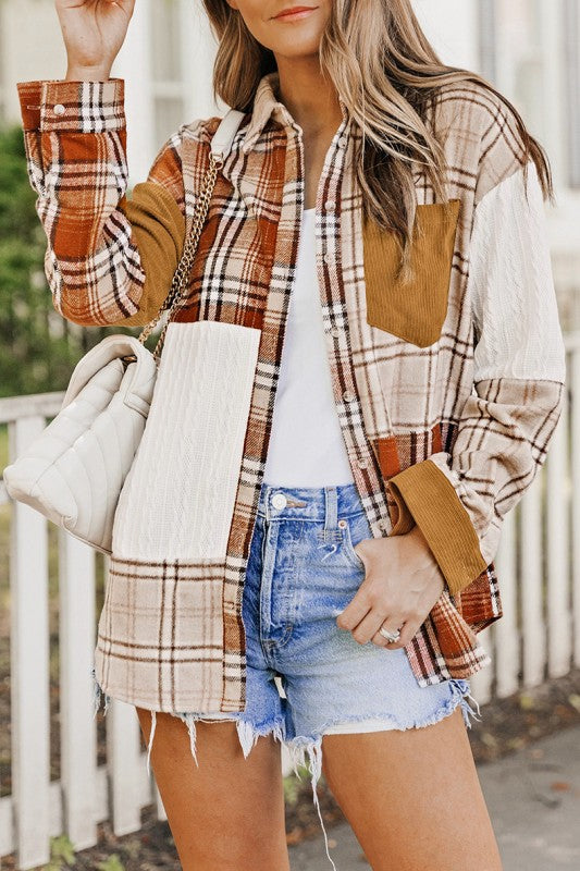 Plaid Color Block Patchwork Jacket with Pocket – Orange – S
