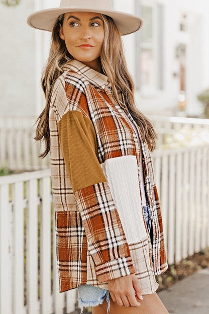 Plaid Color Block Patchwork Jacket with Pocket