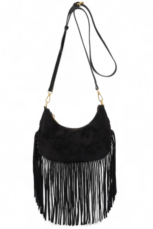 Faux Suede Fringe Boho Crossbody Bag – Burgundy – O/S