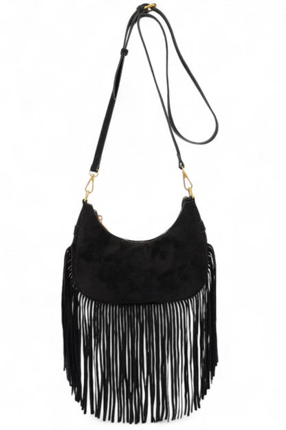 Faux Suede Fringe Boho Crossbody Bag – Burgundy – O/S