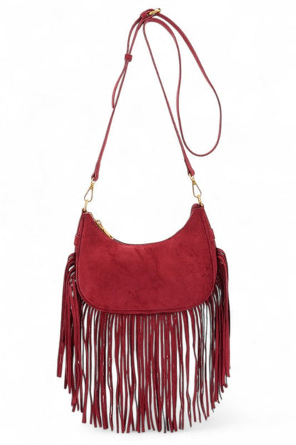 Faux Suede Fringe Boho Crossbody Bag – Brown – O/S