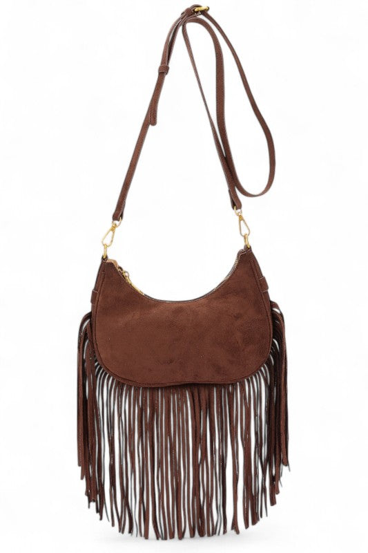 Faux Suede Fringe Boho Crossbody Bag – Camel – O/S