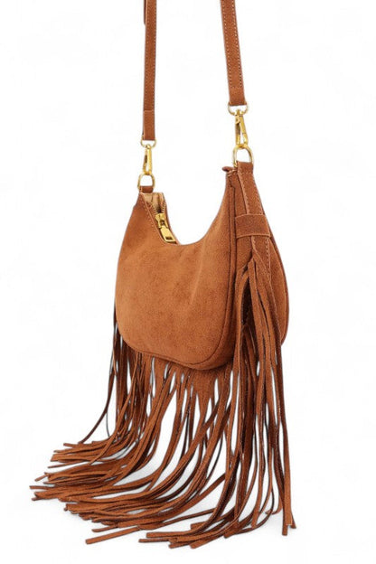 Faux Suede Fringe Boho Crossbody Bag – Black – O/S