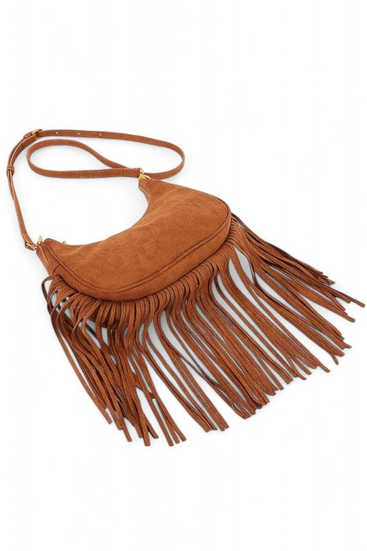 Faux Suede Fringe Boho Crossbody Bag