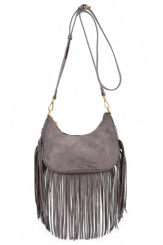Faux Suede Fringe Boho Crossbody Bag – Grey – O/S