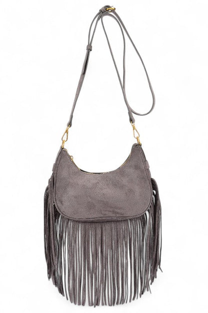 Faux Suede Fringe Boho Crossbody Bag – Grey – O/S