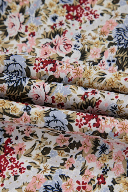 Red Boho Floral Frilled Button Neck Ruffle Blouse