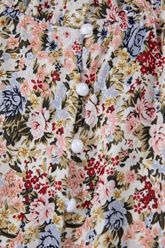 Red Boho Floral Frilled Button Neck Ruffle Blouse