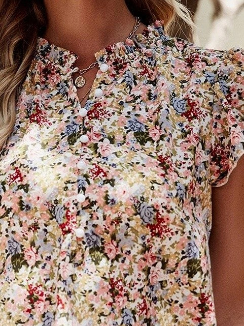 Red Boho Floral Frilled Button Neck Ruffle Blouse