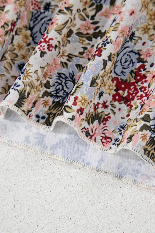 Red Boho Floral Frilled Button Neck Ruffle Blouse – Red – M