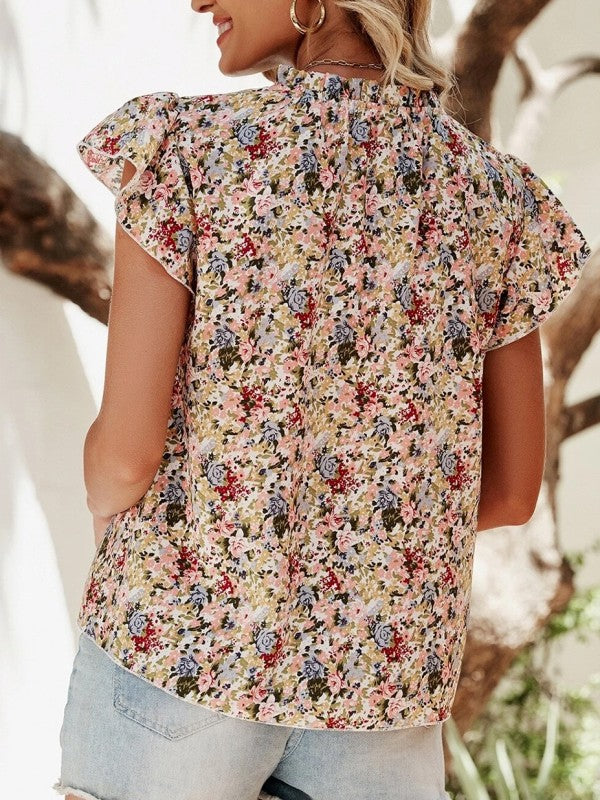 Red Boho Floral Frilled Button Neck Ruffle Blouse