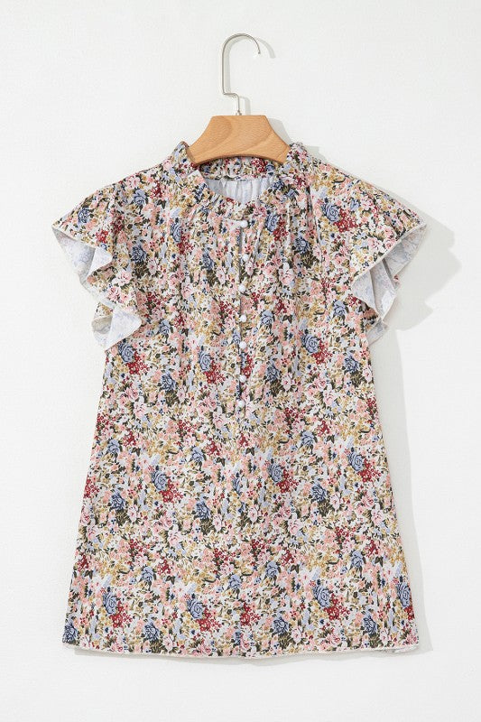 Red Boho Floral Frilled Button Neck Ruffle Blouse