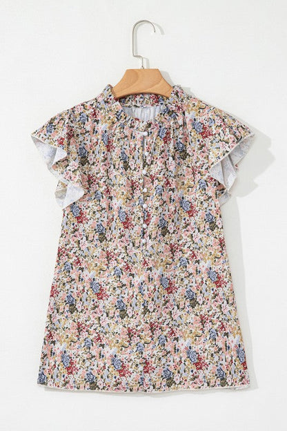 Red Boho Floral Frilled Button Neck Ruffle Blouse