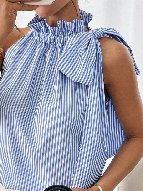 Blue Striped Frill Neck Tie Knot Sleeveless Top – Blue – XL