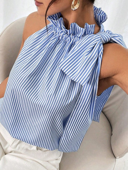 Blue Striped Frill Neck Tie Knot Sleeveless Top – Blue – S