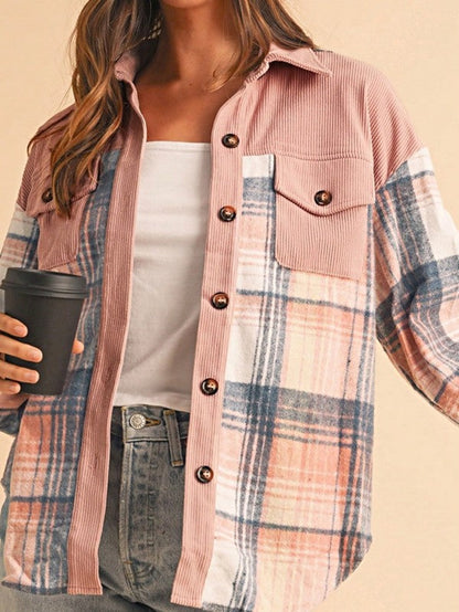 Plaid Corduroy Patch Pocket Loose Shacket Shirt – Pink – L