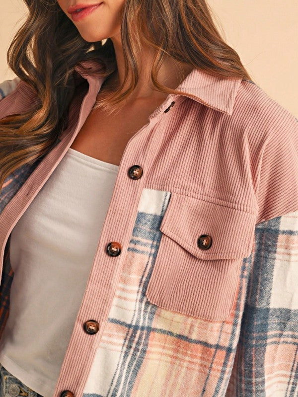 Plaid Corduroy Patch Pocket Loose Shacket Shirt – Pink – M