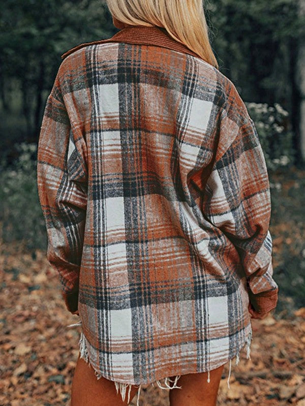 Plaid Corduroy Patch Pocket Loose Shacket Shirt – Cinnamon – L