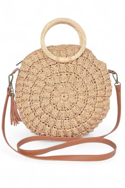 Wooden Handle Crochet Straw Circle Bag – Ivory – O/S