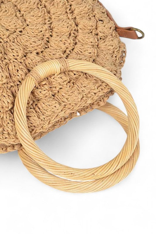 Wooden Handle Crochet Straw Circle Bag