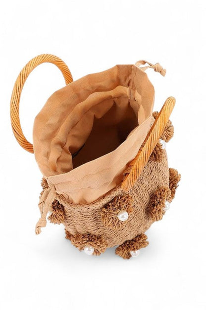 Pearl Raffia Flower Straw Top Handle Bucket Clutch