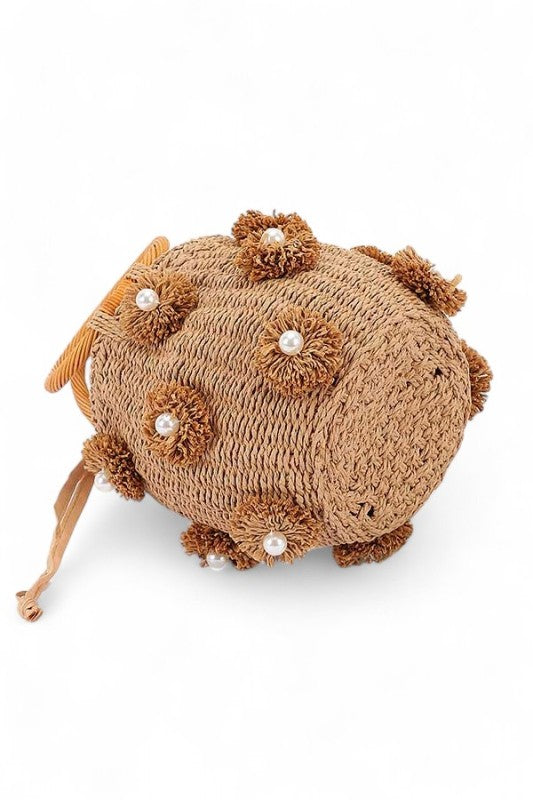 Pearl Raffia Flower Straw Top Handle Bucket Clutch