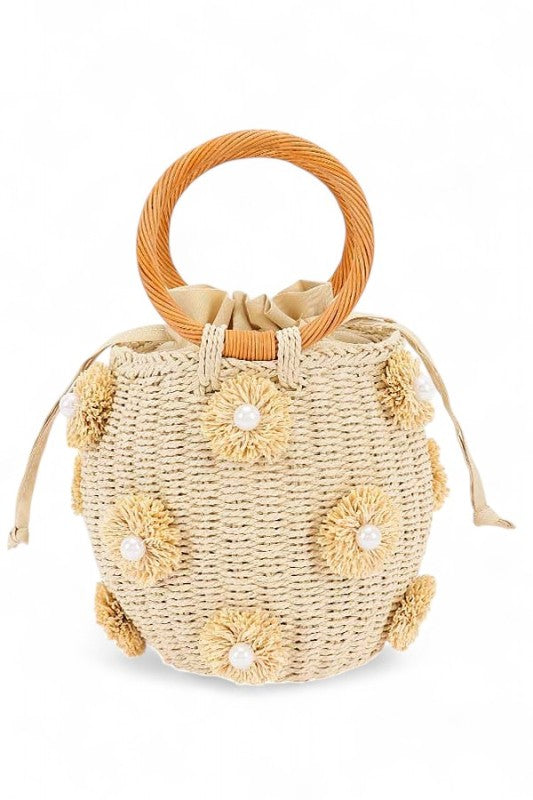 Pearl Raffia Flower Straw Top Handle Bucket Clutch – Khaki – O/S